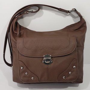 ROMA LEATHERS Concealed Carry Brown Leather Silver Studs Moto Cross Body